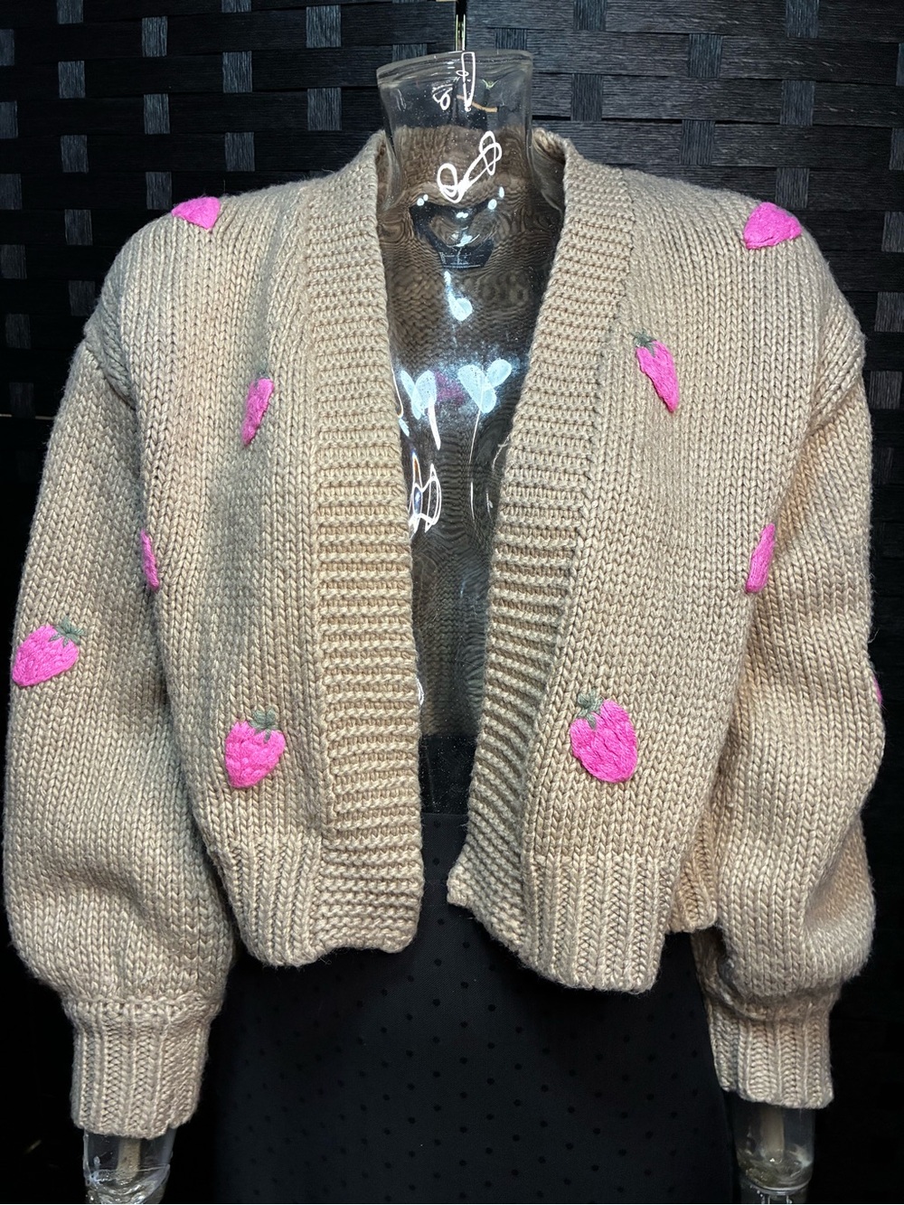Forever 21 Beige Cropped Cardigan with Pink Strawberry Motifs